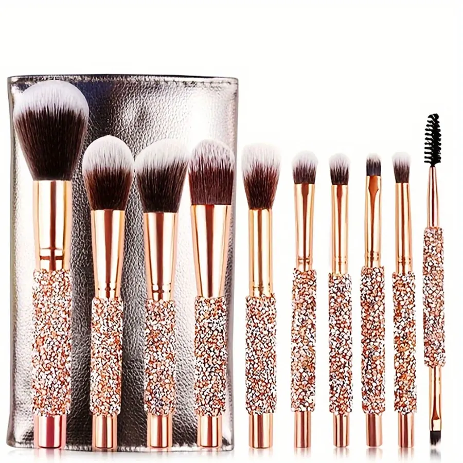 10Pcs Makeup Brush Set, Luxury Diamond Crystal Handle Makeup Brushes, Soft Face & Eye Makeup Brushes with Pouch