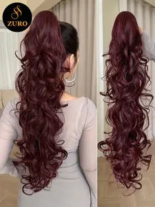 Claw Ponytail Extension Hair Wine Red 30 Inch Long Natural Wave Heat-Resistant Fiber Synthetic Ponytail Hair Piece, Suitable For Daily Use By Girls And Women At Parties