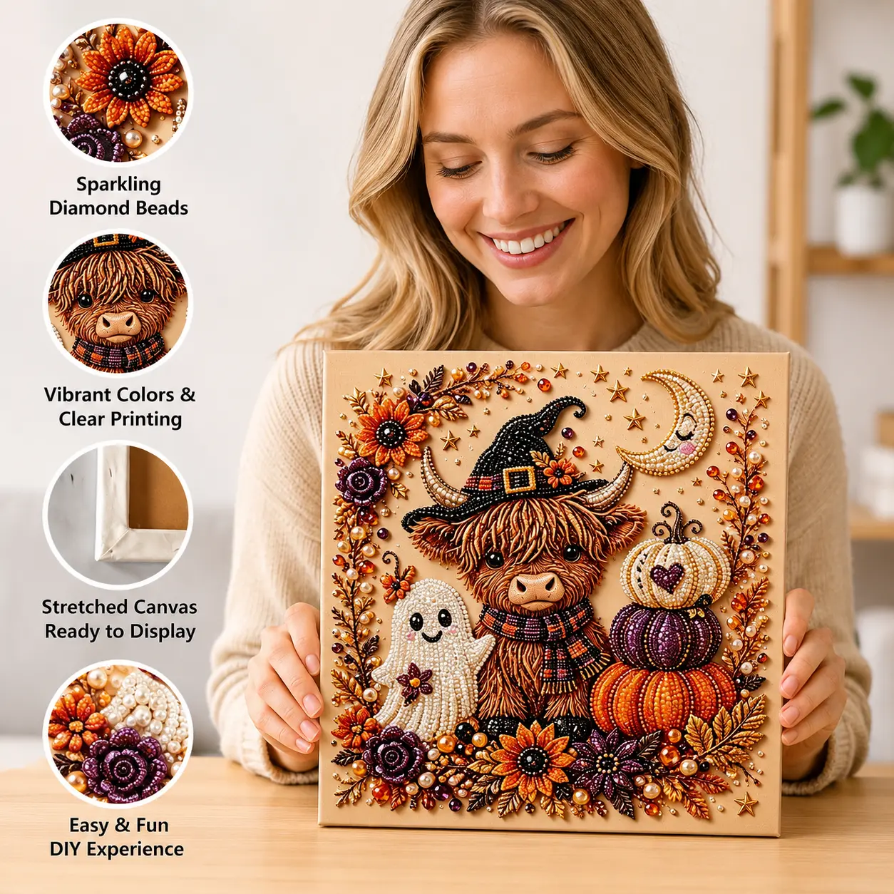 DIY Halloween Highland Cow Diamond Painting - 1-Count Stretched Canvas Partial Drill Pearl Wall Art for Home Halloween Decor