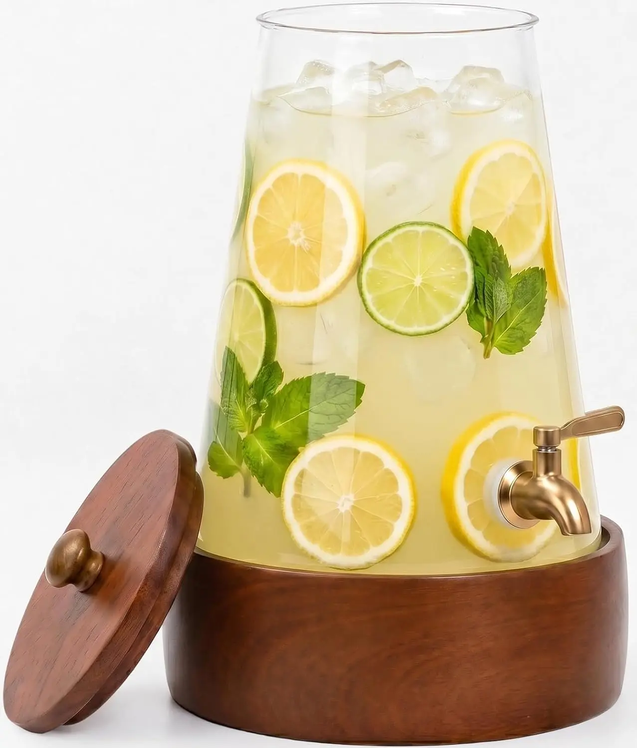 1.7 Gal Sturdy Classic Glass Drink Dispenser with Wooden Stand - Large Serving Beverage Jar with Brass Spigot for Lemonade, Fruit Drinks