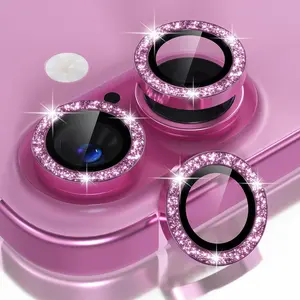 [Glitter Pink] Glimprese Camera Lens Protector Compatible for iPhone 16 16Plus 15 15Plus 14 14Plus 13 13Mini, 9H Tempered Glass Protective Camera Cover Screen Protector, HD Clear, Protection, Metal Individual Ring Decoration Accessories