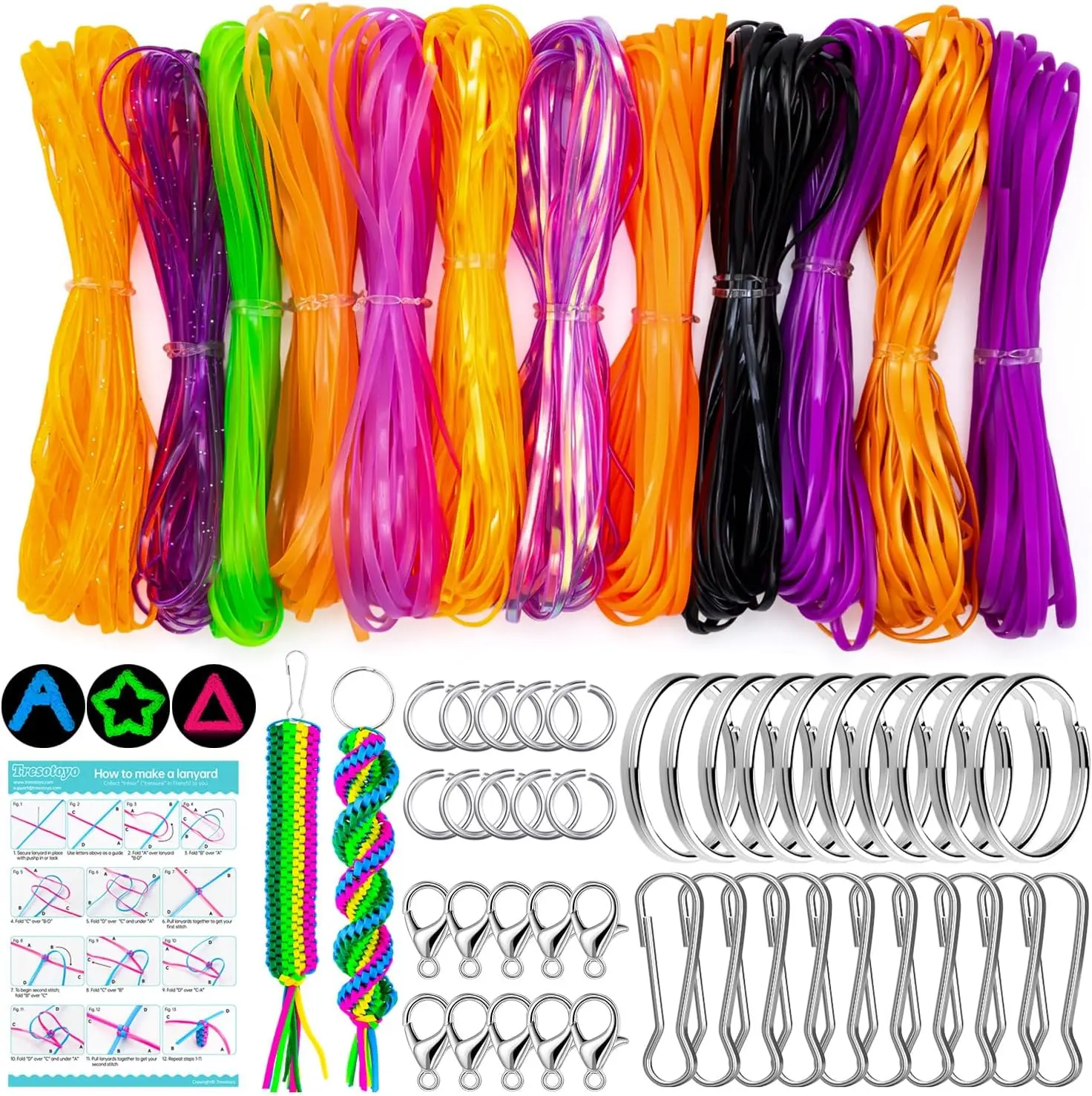 Halloween Glow-in-the-Dark Glitter Gimp Bracelet Craft Kit - 12 Plastic Lacing Cords, 40 Horror Theme Clip-On Removable Keychains, Open Rings, Lobster Clasps, Snap Clip Hooks, Clip-On Keychain Keychains
