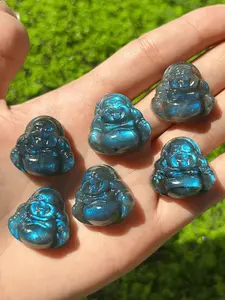 Natural Labradorite Quartz Crystal Hand Carved Buddha Statue, 6 Counts/set Mini Buddha Decoration, DIY Jewelry Accessories for Bracelet Necklace