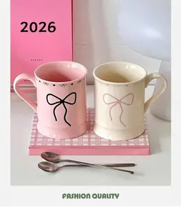 Ins Style Bow Couple Ceramic Cups, Double-Sided Cute Tumbler For Lovers, Reusable Coffee Tea Mug, Elegant Novelty Gift