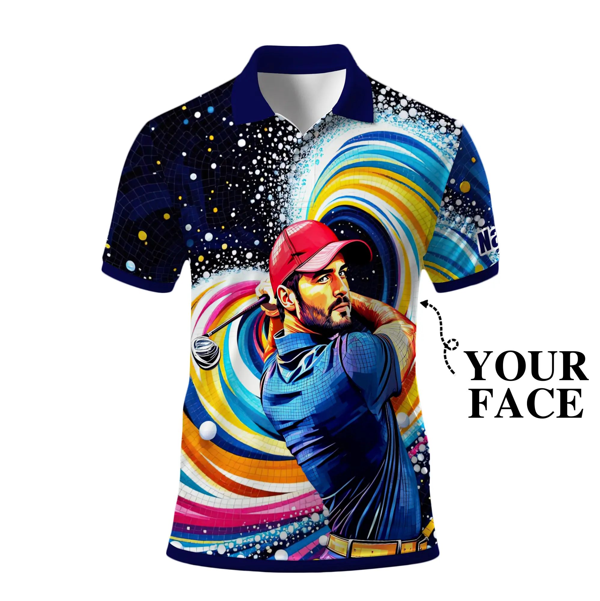 Personalized Mosaic Golf Polo Shirt with Custom Face for Men Vibrant Swirl Design Unique Gift for Father's Day Birthday Team Event Customizable Photo Text Premium Polyester Shirt Moisture Wicking Machine Washable