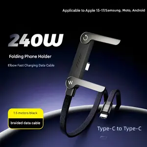 Invisible Phone Holder Charger Cable with Stand – 240W Super Fast Charging 2-in-1 Charging Cable & Phone Stand for Gaming, Office & Car, Compatible with iPhone, Samsung & Type-C Devices (Black)