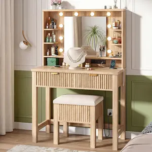Raybee Fluted Makeup Vanity Desk with Mirror and Hollywood Lights, Small Makeup Vanity Table with 2 Large Drawers, 6 Shelves & Storage Stool & Charging Station, Dressing  Table for Bedroom, Apartment, Oak, White