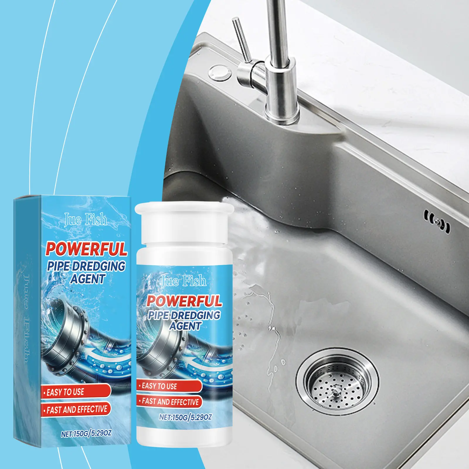 Surj Selection X Jue Fish Drain Cleaner - Powerful Concentrated Sodium Hypo Formula, Bacterial Free Nano Crystal Plating Agent for Kitchen & Bath Sink, Toilet Pipes, Front-Loader Washing Machine Grout Seal & Carpet Deodorization