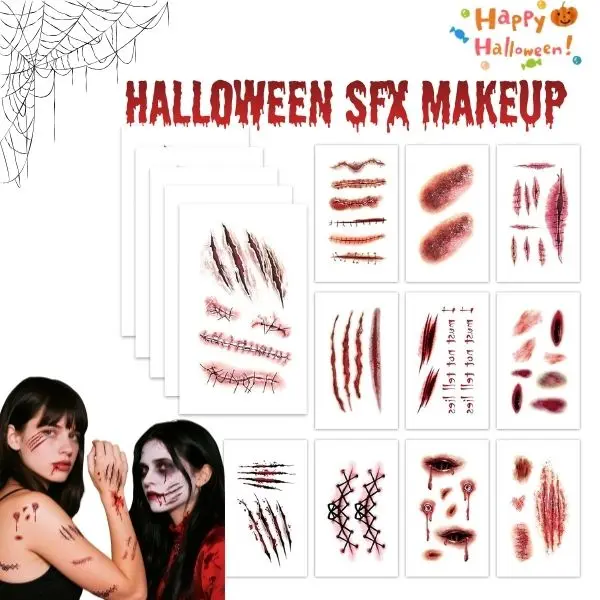 Halloween SFX Makeup Kit 121PCS, Zombie Scar Tattoo Stickers, 3D Wound Temporary Tattoos, Waterproof Halloween Costume Makeup for Cosplay & Parties
