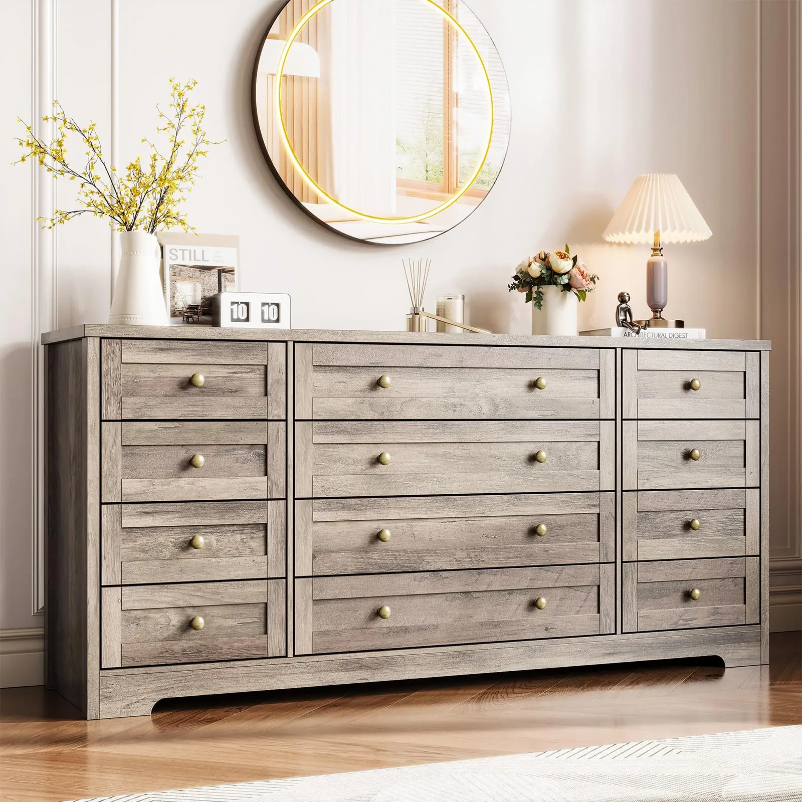 Garvee 12-Drawer Solid Wood Dresser - 63" L x 16" W x 12.5" D Furniture, 130lb Capacity, Bedroom Cabinet, 65" TV Stand, Drawers for Bedroom Storage Organizer