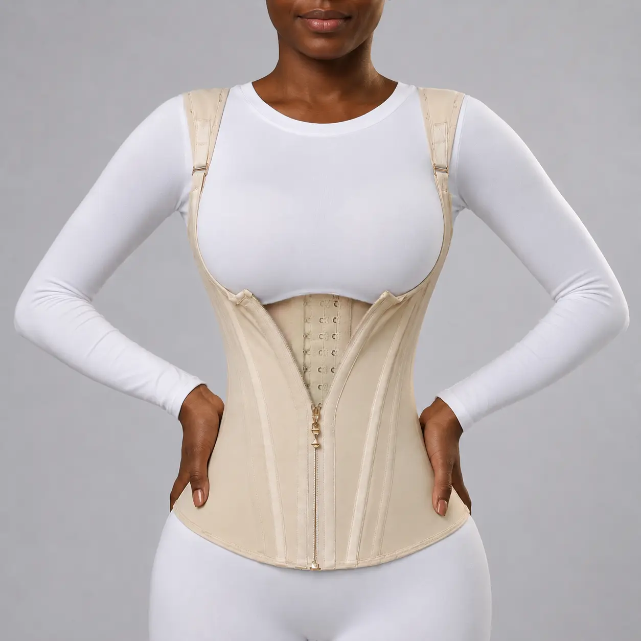 Women's Compression Corset Top Waist Trainer - Breathable Mesh & Nylon High Stretch Body Shaper Vest with Steel Bones, Adjustable Zipper & Hooks for Tummy Smoothing