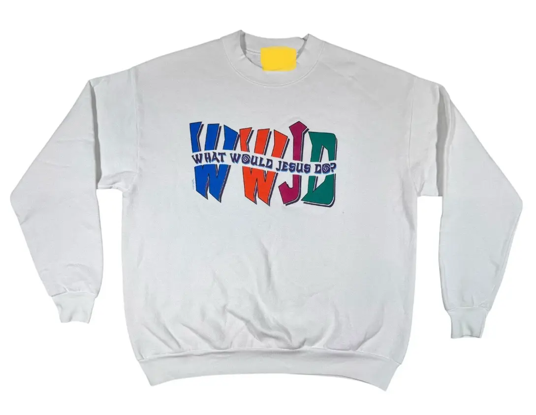 WWJD Sweatshirt, Vintage 90s What Would Jesus Do Faith Graphic Shirt, Christian Religious Pullover, Crew Neck, Long Sleeve, Cotton Blend, Gift for Believer Him Her, Men And Womenswear Jumper