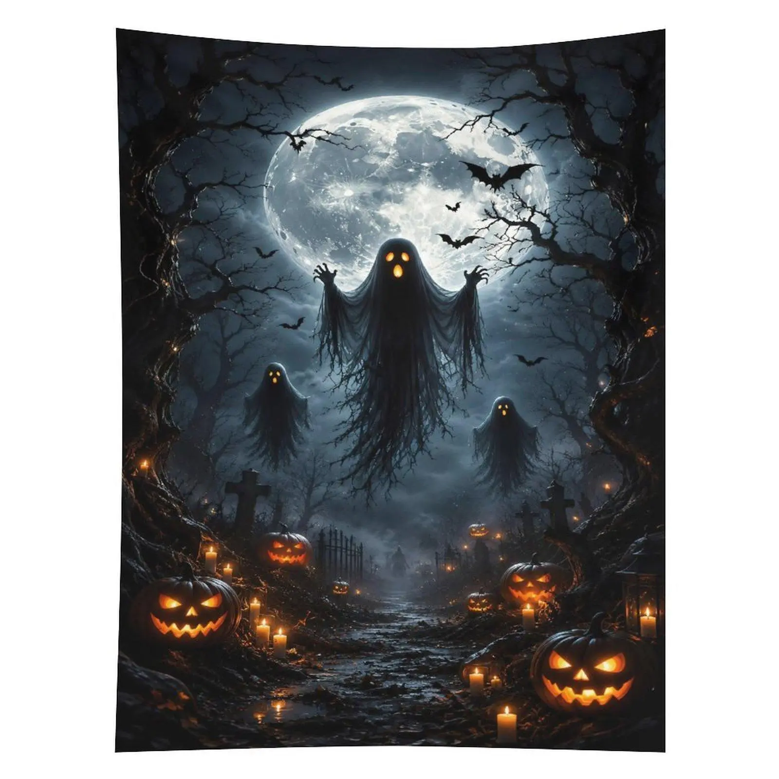 Haunted Ghost Forest Tapestry Halloween Full Moon Pumpkin Wall Hanging Decor