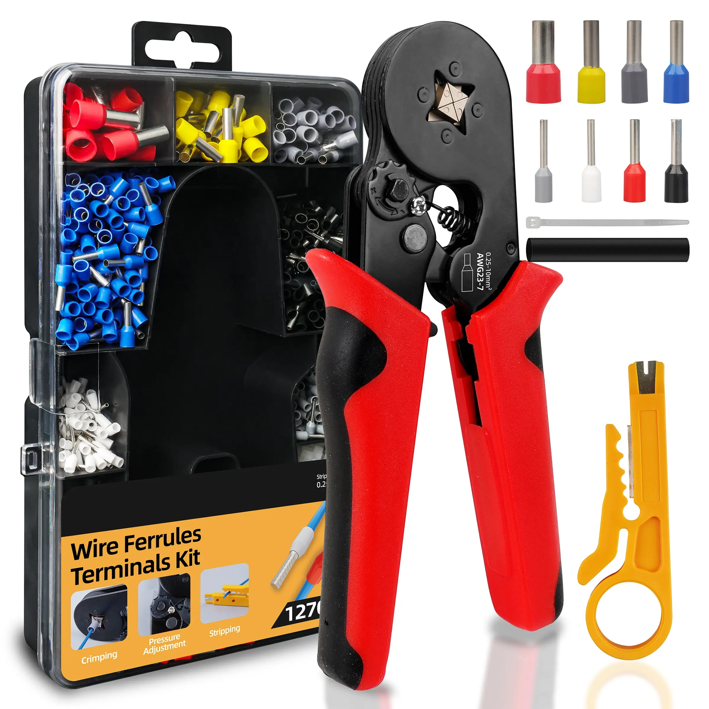 1270pcs Cold Press Terminal + Wire Ferrules + Crimping Tool Set, Multi-Function Heavy Duty Cable Crimper Kit with Storage Box, Hand Tools, 8 Specifications, Car Repair Wiring Tools