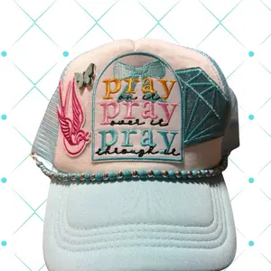 Trucker Hat with Embroidered Patch and Chain Detail Featuring Pray Over It Design