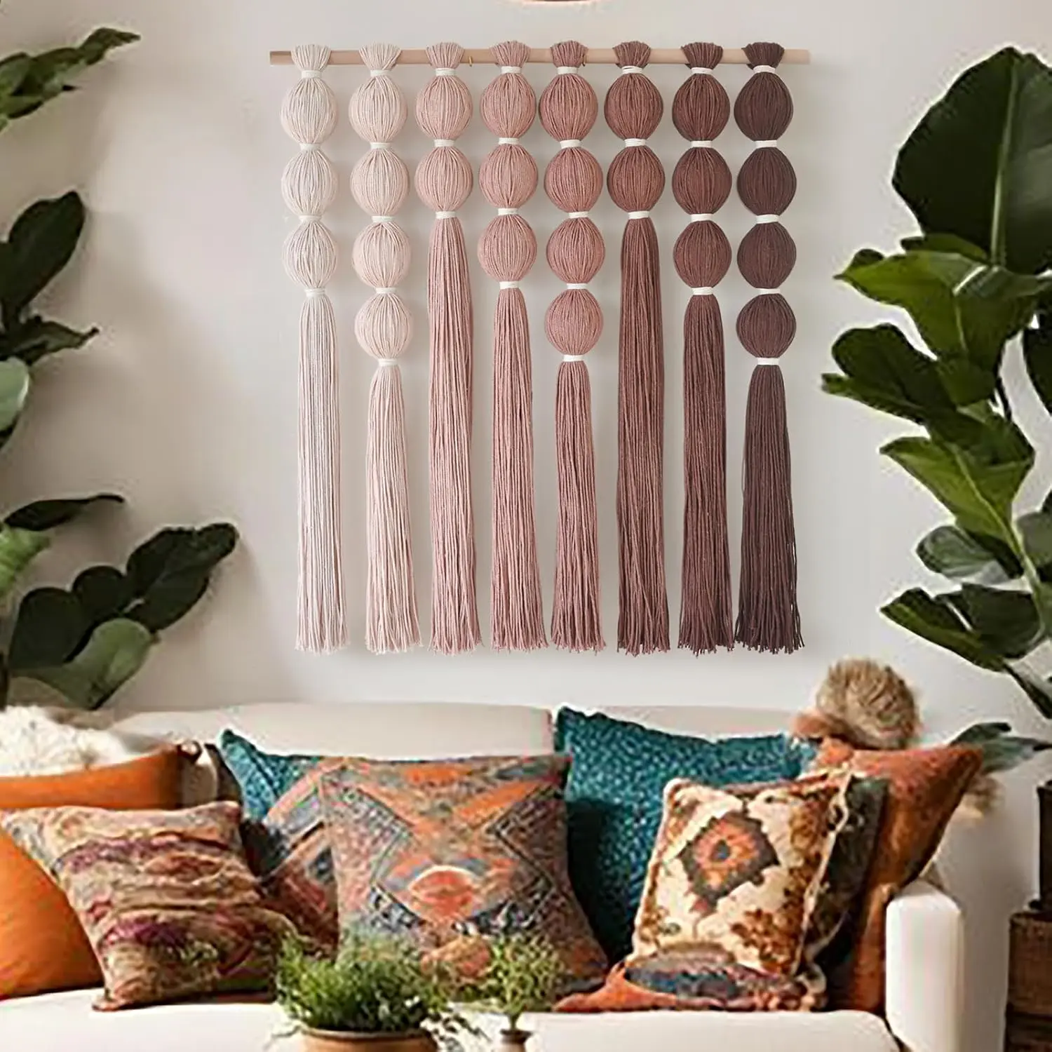 Boho Macrame Wall Hanging with Dip Dyed Red Tassels 27x31 Inch Woven Wall Art Home Decor