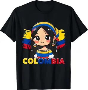 100%cotton Colombian Girl Cute Colombia Flag T-Shirt Top Vintage