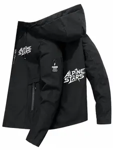 Men's Lightweight Polyester Fashion Hooded Jacket, Alpine Stars Letter Print, Full Zip Front, Casual Outdoor Spring Summer Coat