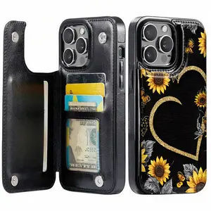 Phone Case - Heart-shaped sunflower wallet card phone case, cute phone case, with card holder, multipurpose, suitable for bank cards, transit cards, etc., compatible with iPhone 17/16/15/14/13/12