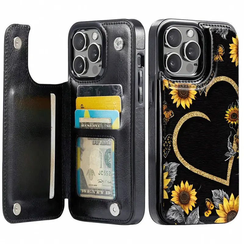 Phone Case - Heart-shaped sunflower wallet card phone case, cute phone case, with card holder, multipurpose, suitable for bank cards, transit cards, etc., compatible with iPhone 17/16/15/14/13/12