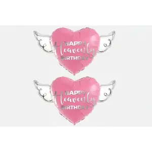 Pink Happy Heavenly Birthday 17" Memorial Balloon – Heart Shaped with Angel Wings Silver Script - 2 Balloons Included