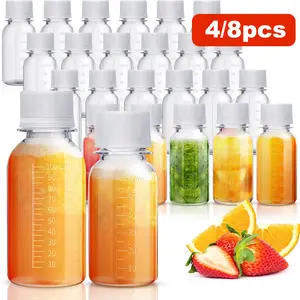 4/8pcs 2/3.3oz Light Plastic Juice Bottles with Lids, Scale, Leakproof and Portable, Small Travel Bottles for Juicing, Smoothies, Milk, Homemade Beverages