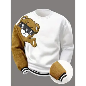 Men's Casual Orange Teddy Bear Sweatshirt - Loose Fit, Polyester, Detail, Machine Washable, Round Neck, Long Sleeve