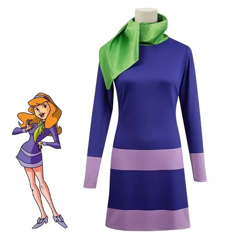 Daphne Purple Bodycon Dress for Women, Adult Long Sleeve Cosplay Outfit with Matching Scarf Halloween Wear
