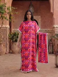 Elegant All-Over Printed Robe Set, Fitted Casual Beachwear Sun Protection Satin Scarf & Headband, Women's Fashionable Long Dress + Shawl