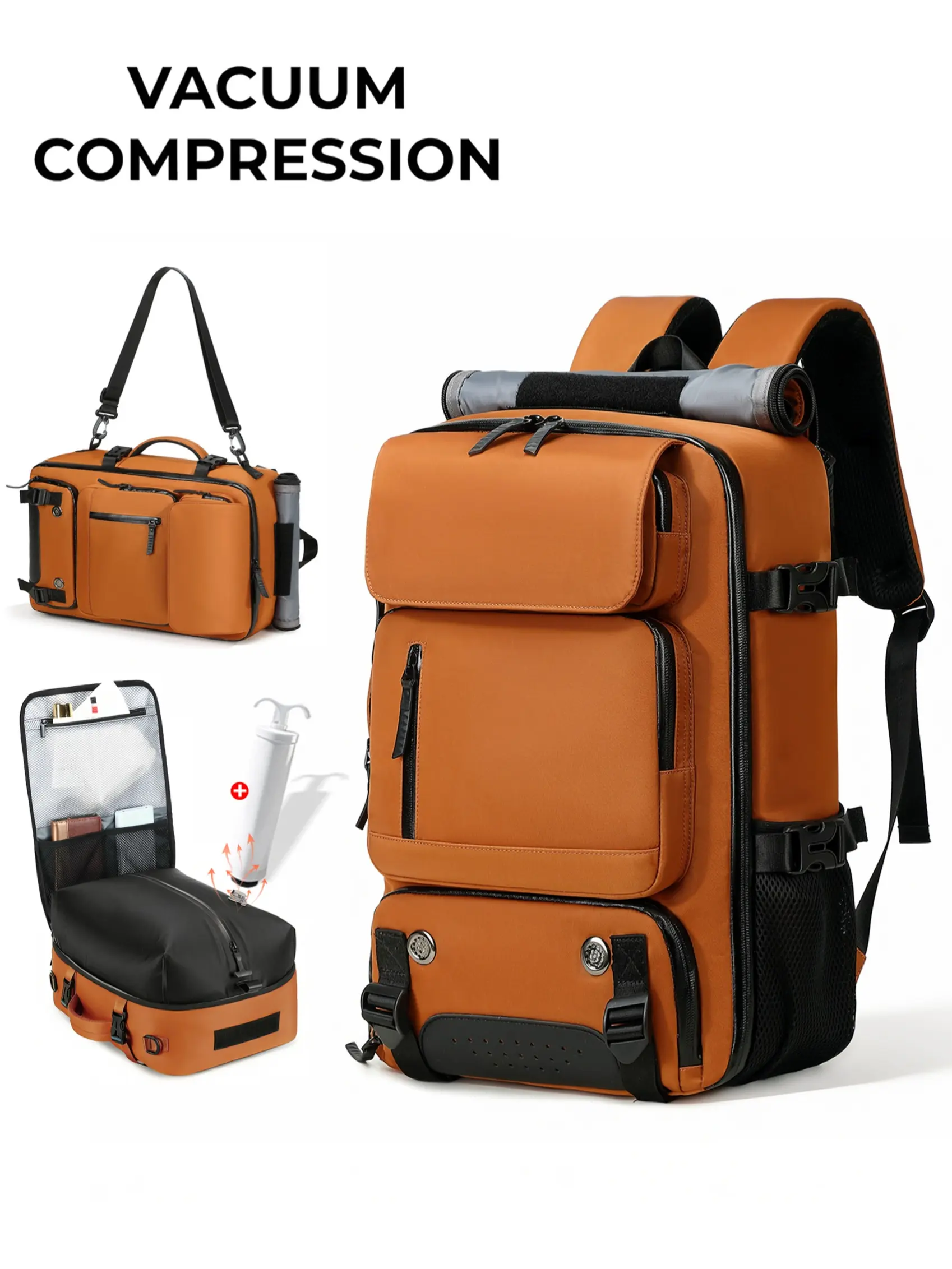 New Vacuum Compression Men's Backpack with Pump, Multi-Functional 16 Inch Laptop Bag, Airline Approved, Camping, Sports, Gym, Business Travel Backpack, Commute, School, Lightweight Daily Backpack, Expandable Travel Backpack, College Laptop Backpack