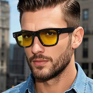 A men's retro black rectangular acrylic glasses with yellow lenses - non-prescription glasses, retro-style yellow lenses, suitable for outdoor use, night driving and screen use, casual and fashionable accessories, suitable for parties and daily wear
