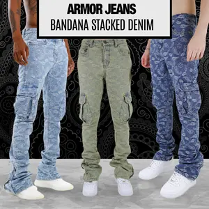 Bandana Stacked Denim Men Jeans by Armor Jeans, 2023 Streetwear Pants: 36" Inseam, Unique Design, Stretchable Cotton, 4 Colors