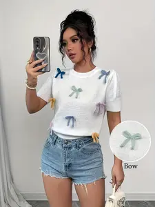 New Women's Short Sleeve Knit Top, Womenswear, Elegant Y2K Style, Bow Design, Spring & Fall Fashion, Casual Daily Wear, Lightweight Comfortable, Knitwear