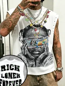 Men's Sleeveless Tank Top, Character Print + Necklace Element + Rivet Round Neck, Casual Daily Wear, Aesthetic, Versatile Fitted Tee Shirt