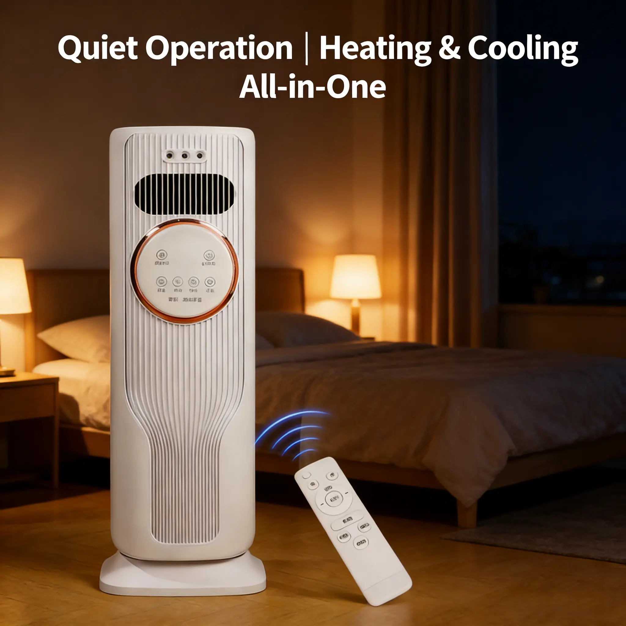 Vertical Tower Evaporative Air Cooler Heater Combo with Remote Control, All Season Heating & Cooling Ice Cooling Fan, Quiet Bladeless Space Saving Tower Fan for Bedroom Living Room Office Indoor Use, Multi Wind Modes Adjustable Humidifying Air Cooler