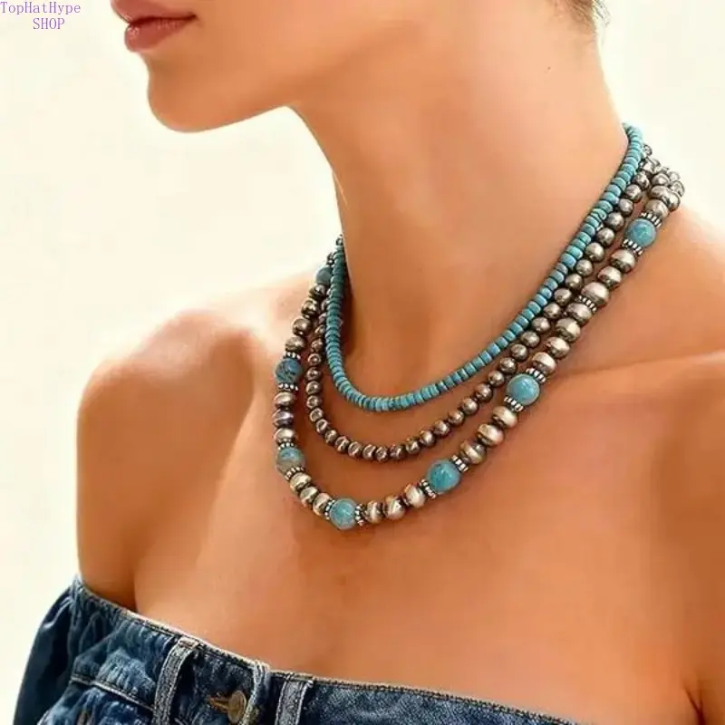 Women's Turquoise Beaded Navajo Pearl Boho Necklace Set - Chunky Tribal Vintage Layered Costume Jewelry, Western Elegance Accessories for Nashville Outfits, Christmas Gifting, Colorful Bead Overlay Pieces, Boho Style, Beaded Necklaces