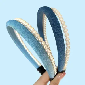 Women's Vintage Denim Wide Headband - Double-Layer Pearl Bead Embellished, 2025 Fashion, Elegant High-End Hair Accessory, Secure Hold for Updos, Daily Wear, Wide Headbands, Bead Embellished Headbands
