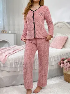 Cozy Pink Cable Knit Fleece Long Sleeve Pajama Set for Women, Heart Embroidery Button-Down Loungewear, Soft Warm Sleepwear Outfit, Ideal for Winter Nightwear & Loungewear Trends