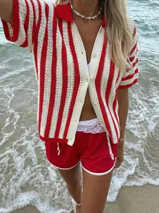 Vintage Aesthetic Polo Neck Striped Loose Hollow Out Short Sleeve Knitting Knit Button Cardigan Top Womenswear Knitwear, Comfortable Casual, Perfect for Daily Beach Vacation Wear