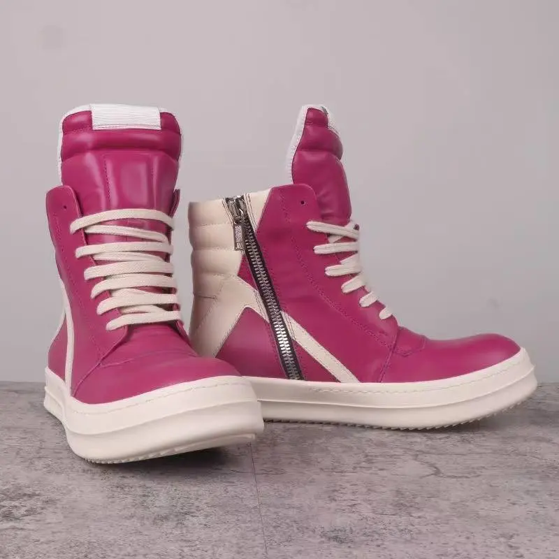 classic zipper inverted triangle cowhide high top trainers for men and women multiple colors genuine leather ankle boots designer ro gothic style lace up retro shoes size 34-48