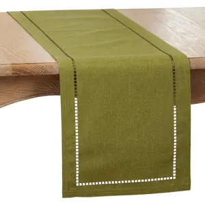 SARO  14 x 108 in. Oblong Green Laser-Cut Hemstitch Table Runner