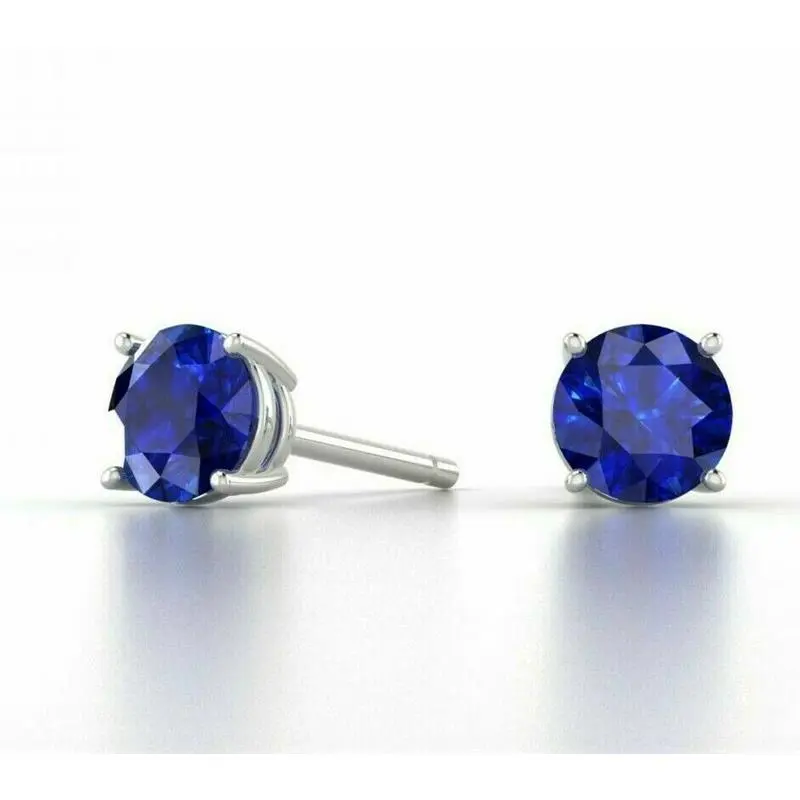 925 Sterling Silver Round Cut Lab Created Blue Sapphire Round Stud Earrings 6MM