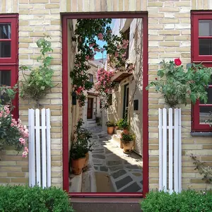2pcs   Mediterranean Style Porch Wall Sticker Greek Santorini White Alley Flower Decorative Decal Self Adhesive Removable Living Room Entrance Background Wall Art Romantic European Architecture Landscape