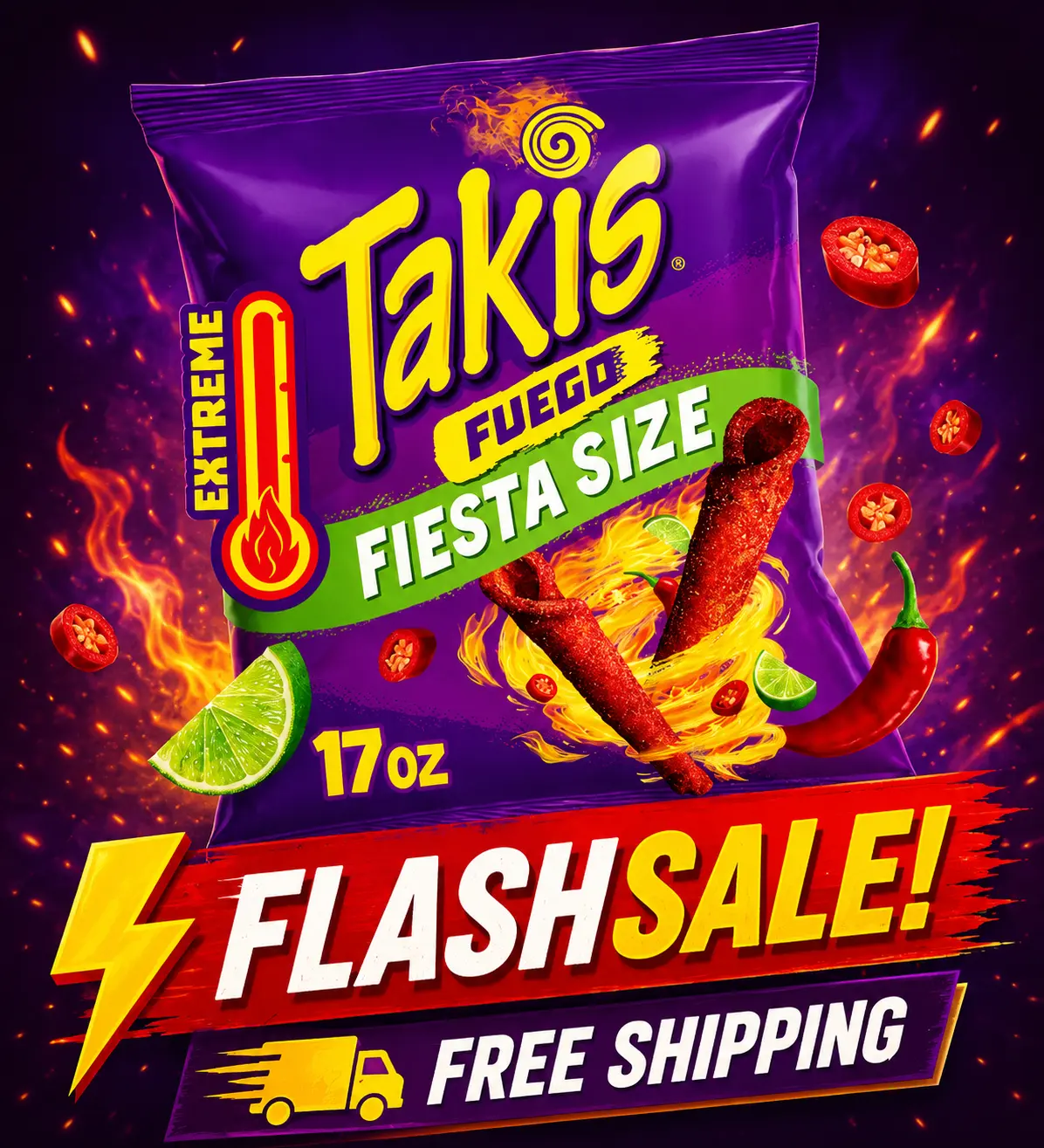Takis Fuego 17 oz Fiesta Size Hot Chili Pepper & Lime Flavored Extreme Spicy Rolled Corn Tortilla Chips