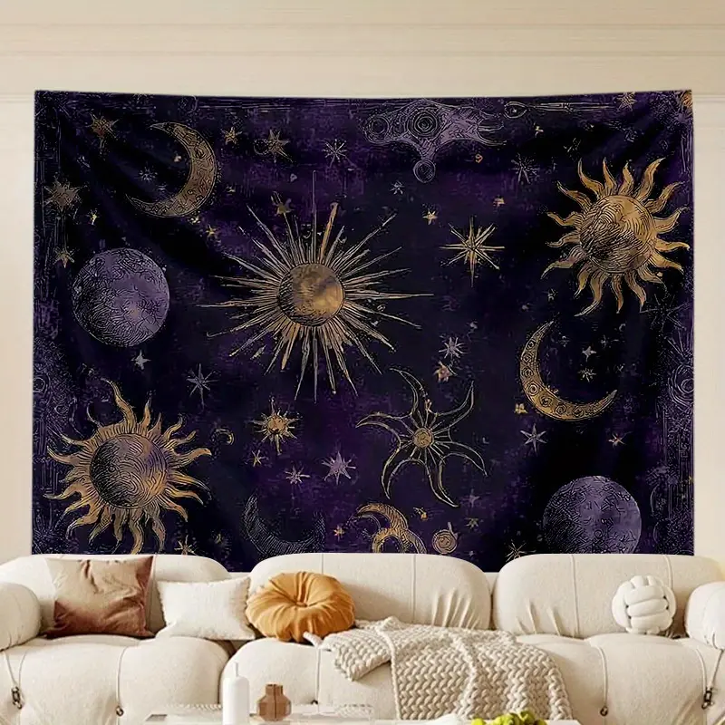 1pc Enchanted Starry Night Polyester Tapestry - Mystical Cosmic Design with Suns, Moons, Stars, Durable Wall Hanging for Bedroom, Office, Decoration, Cool Whimsical Funky Room & Home Decor, Multiple Sizes, Ideal Creative Gift, Room Decor,family