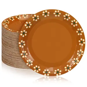 Paper Plates Terracotta Flower Design Barro Talavera Style 50/100 Pcs 7/9/12 Inch Disposable for Birthday Baby Shower Fiesta Wedding Christmas Thanksgiving Family Gathering Party Decor