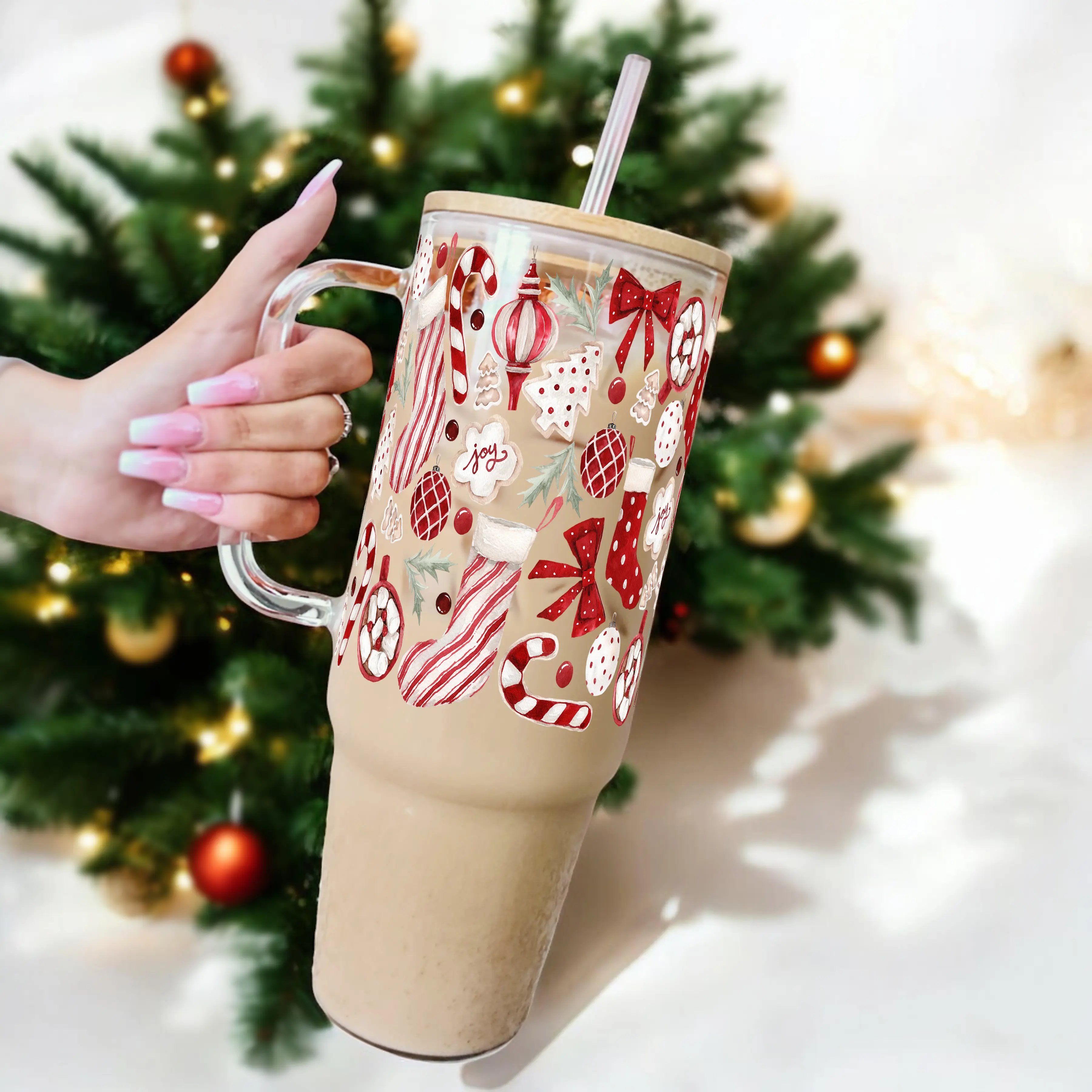 Christmas 40oz Glass Tumbler with Lid and Straw, Iced Coffee Drinkware, Gift for Her, Acrylic Tumbler, water bottle for women, christmas gift, Washable, Reusable