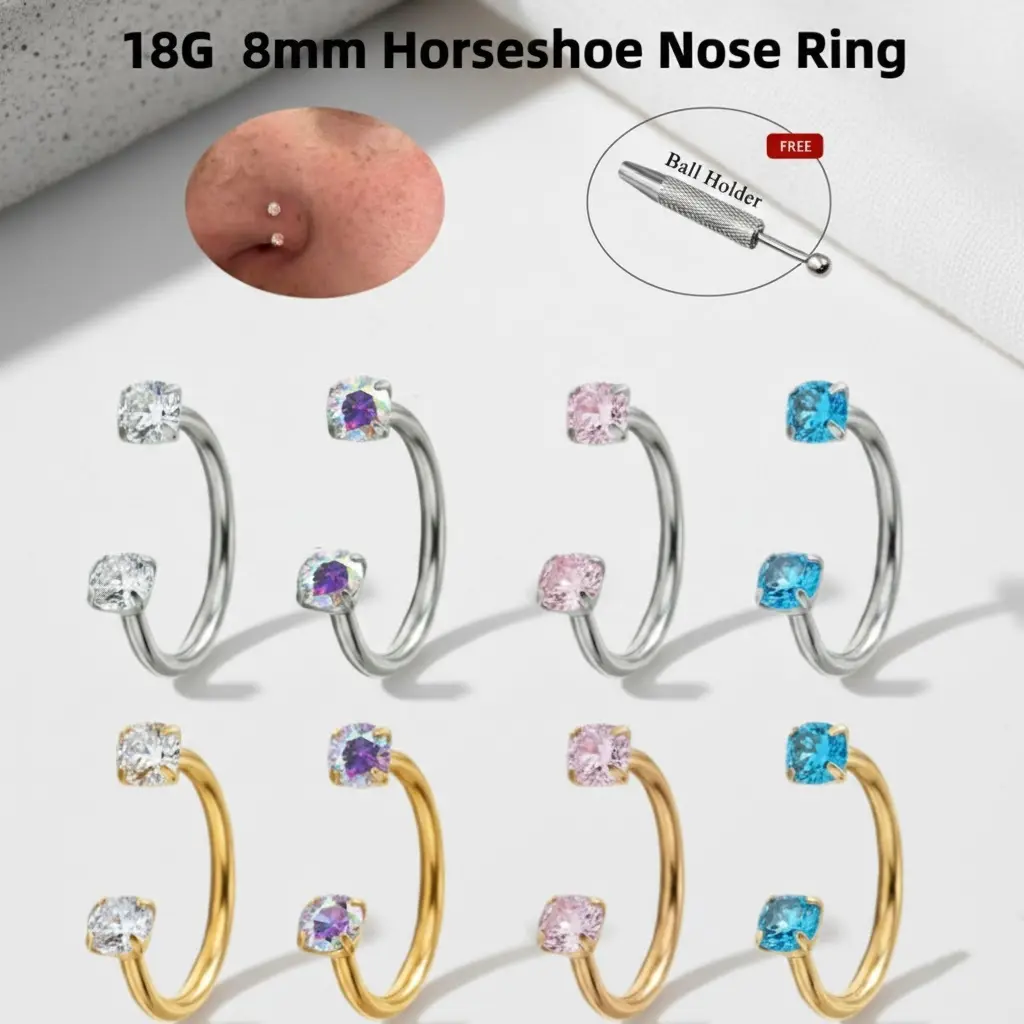 18G Horseshoe Hoops for Women's Fashion, 8mm Stainless Steel Body Jewelry with 3mm Cubic Zirconia, Casual Female Everyday Wear with Auxiliary Ball Holder Tool, Nose Piercing, Threaded Fit, Ball Holder Included