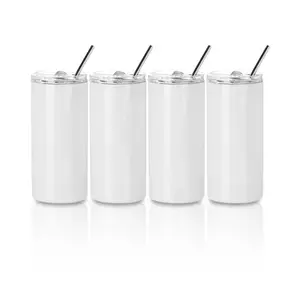 16 OZ Sublimation Skinny Straight Tumbler White With Metal Straw And Slide Lid 4 Pack
