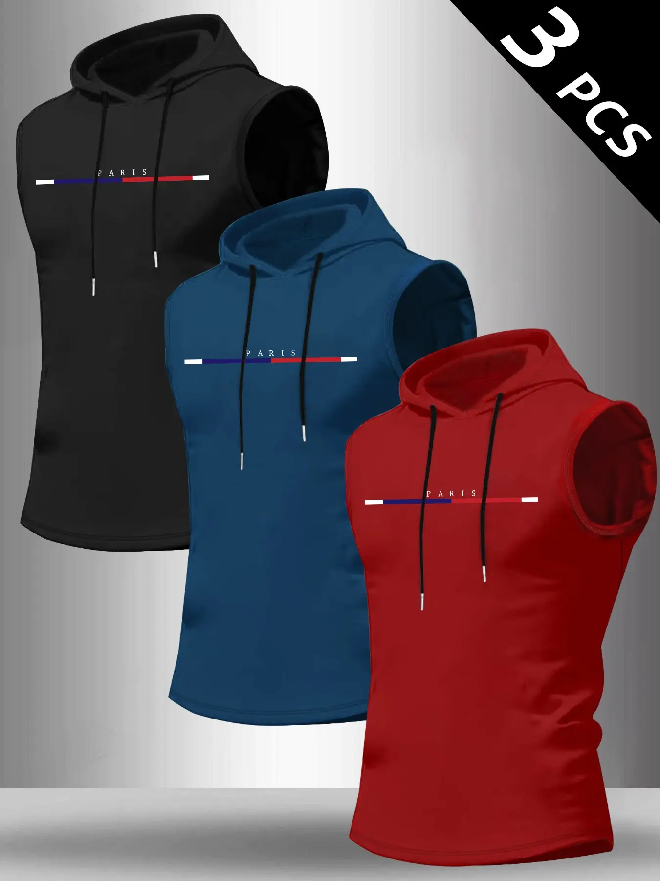 Men's 3-Pack Letter Pattern Print Hooded Sleeveless T-Shirt, Casual Comfortable Hoodie Vest, Summer Outdoor Fitness Wear, Exercise Casual Wear, Activewear, Casual Sports Tops, Sleeveless Gym Shirts